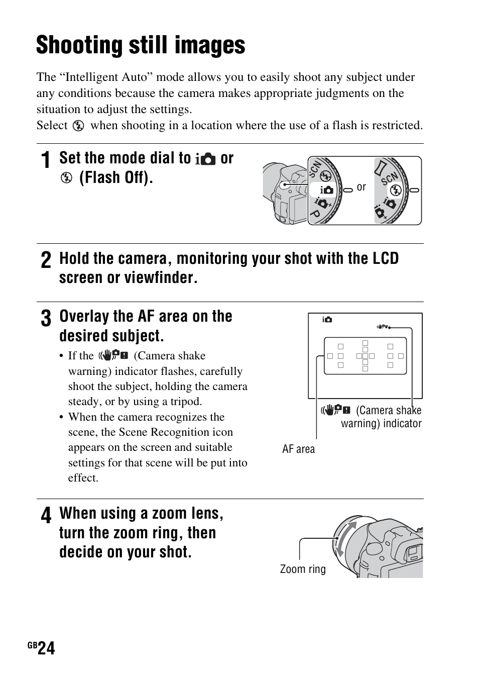 Shooting and viewing images, Shooting still images, On (24) | Sony SLT-A37 User Manual | Page 24 / 507