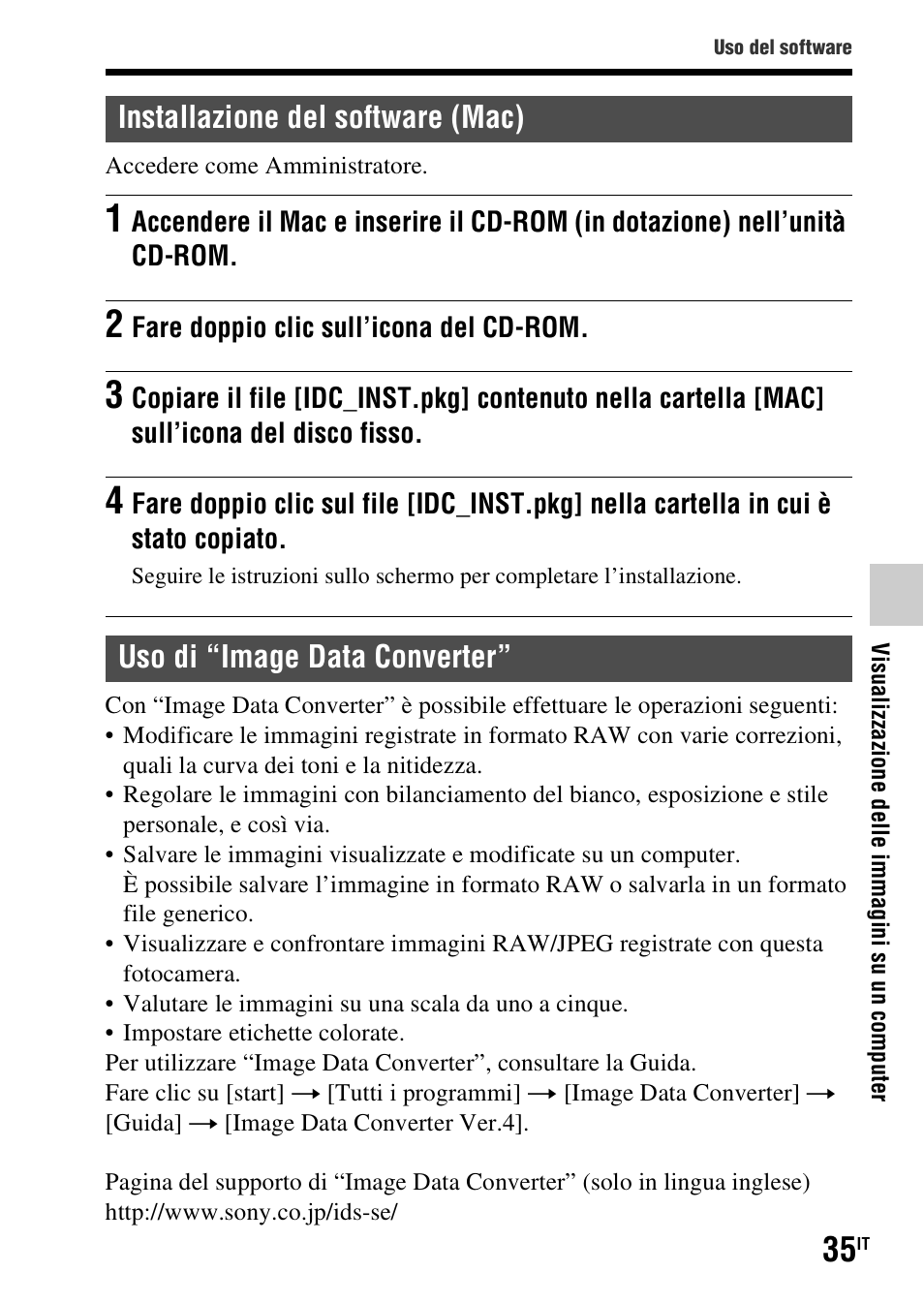 Installazione del software (mac), Uso di “image data converter | Sony SLT-A37 User Manual | Page 245 / 507