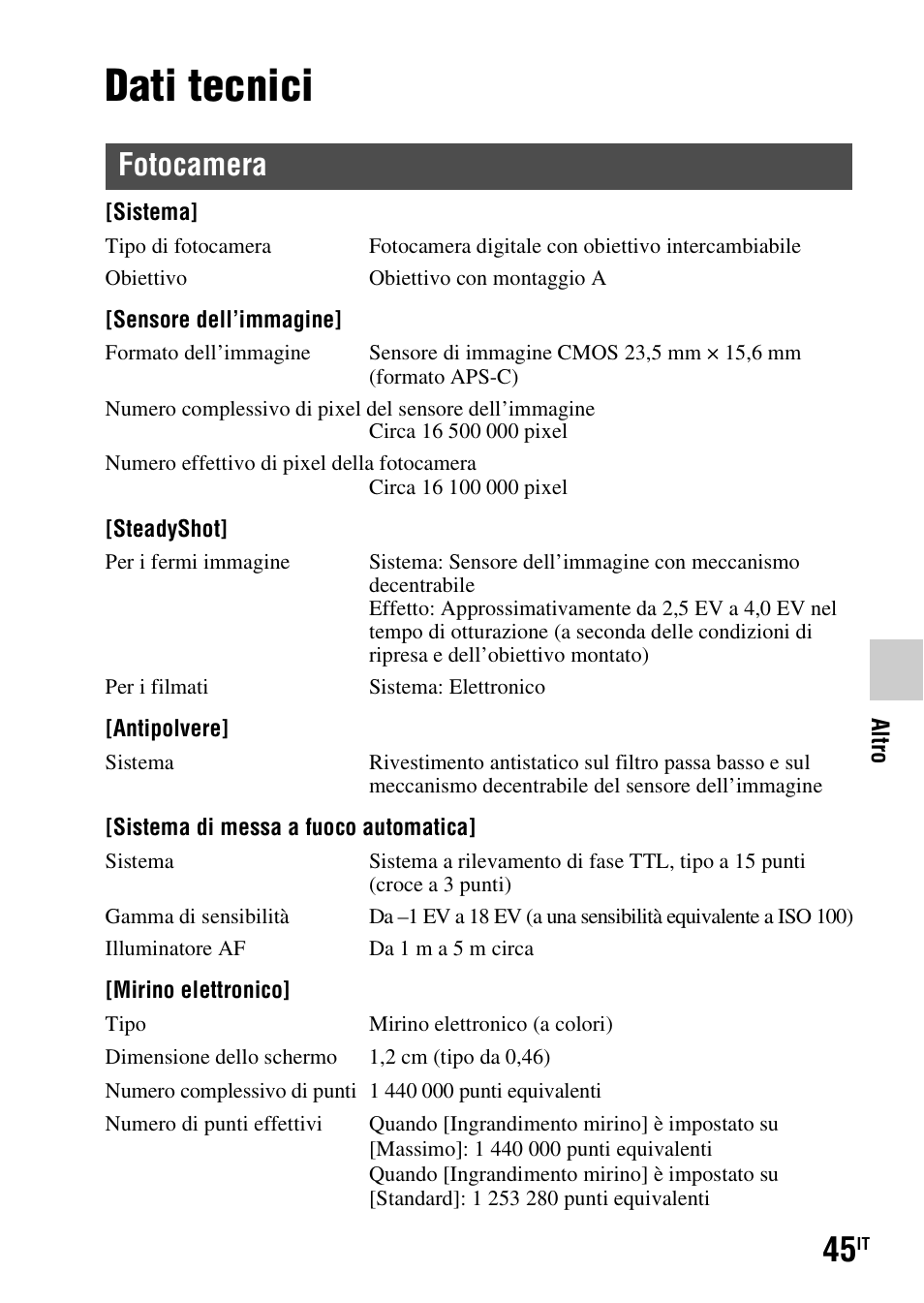 Dati tecnici, Fotocamera | Sony SLT-A37 User Manual | Page 255 / 507