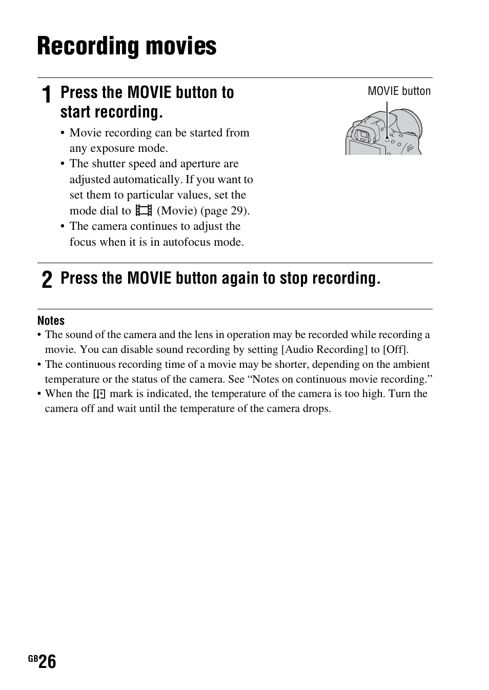 Recording movies, Press the movie button to start recording, Press the movie button again to stop recording | Sony SLT-A37 User Manual | Page 26 / 507