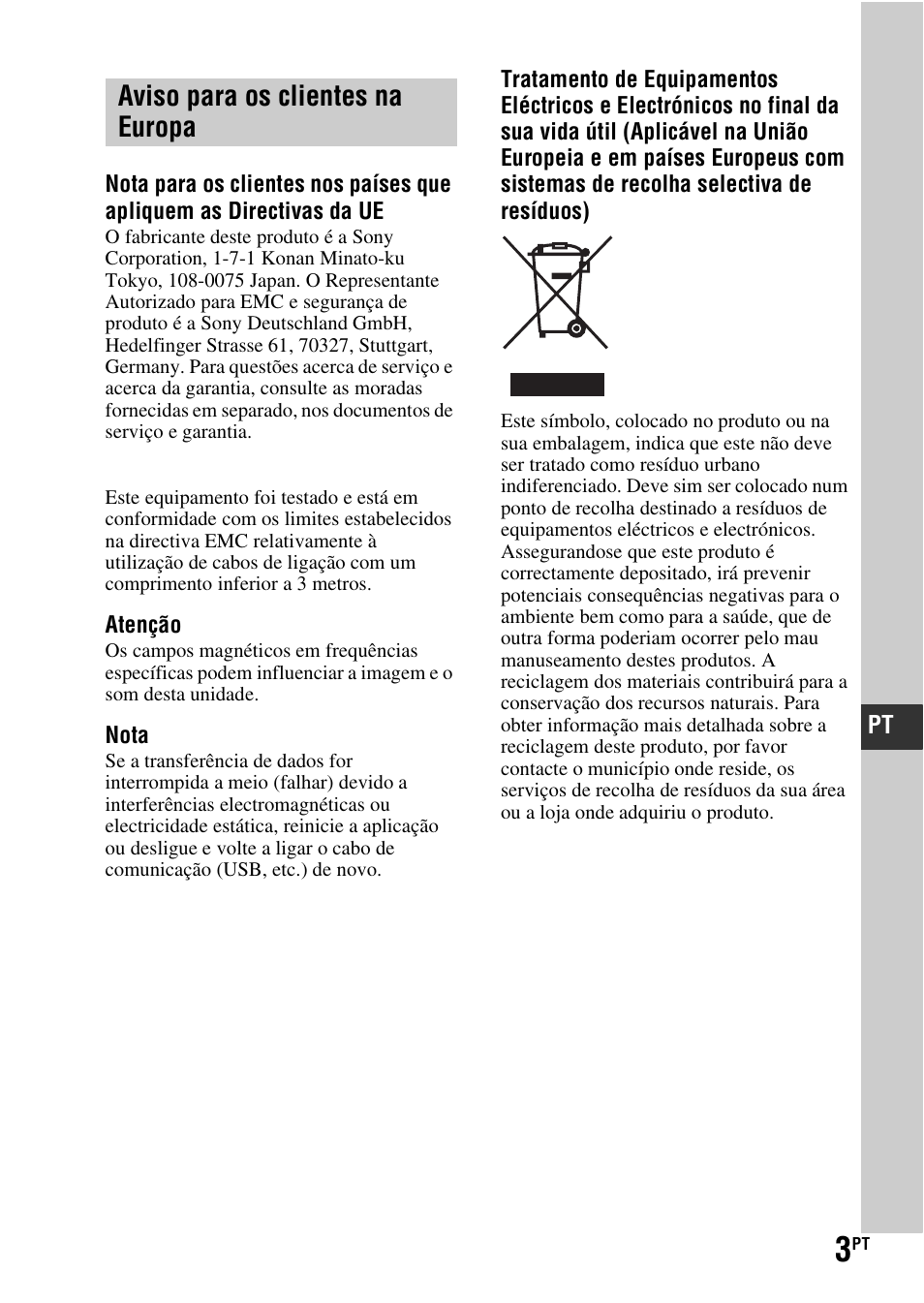 Aviso para os clientes na europa | Sony SLT-A37 User Manual | Page 265 / 507