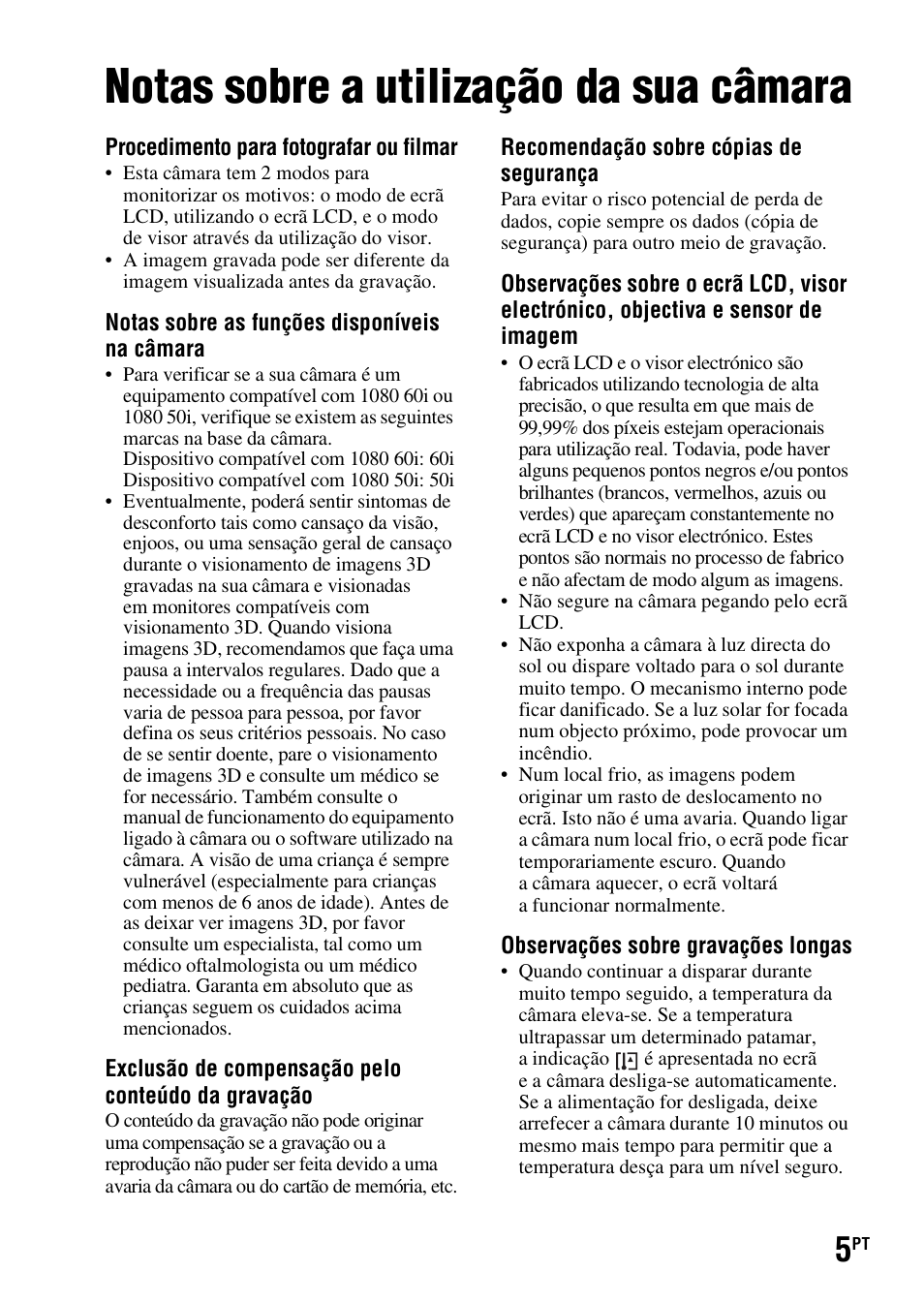 Notas sobre a utilização da sua câmara | Sony SLT-A37 User Manual | Page 267 / 507