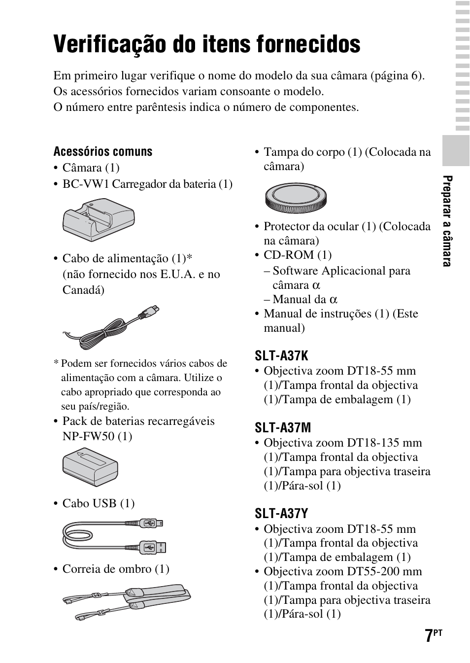 Preparar a câmara, Verificação do itens fornecidos | Sony SLT-A37 User Manual | Page 269 / 507