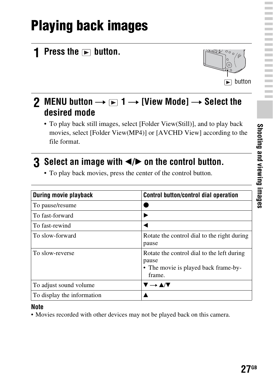 Playing back images, Press the button, Select an image with b / b on the control button | Sony SLT-A37 User Manual | Page 27 / 507