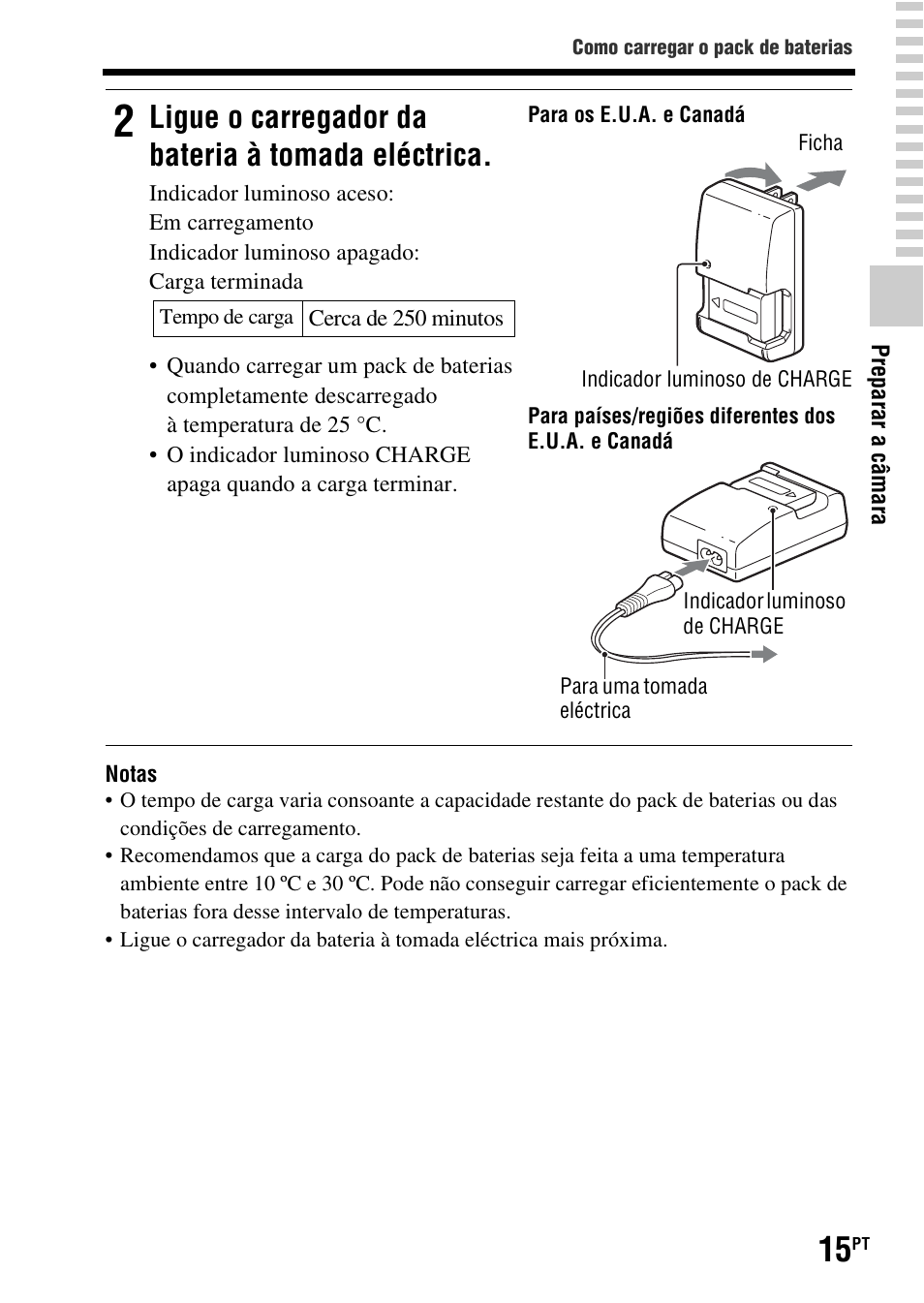 Ligue o carregador da bateria à tomada eléctrica | Sony SLT-A37 User Manual | Page 277 / 507