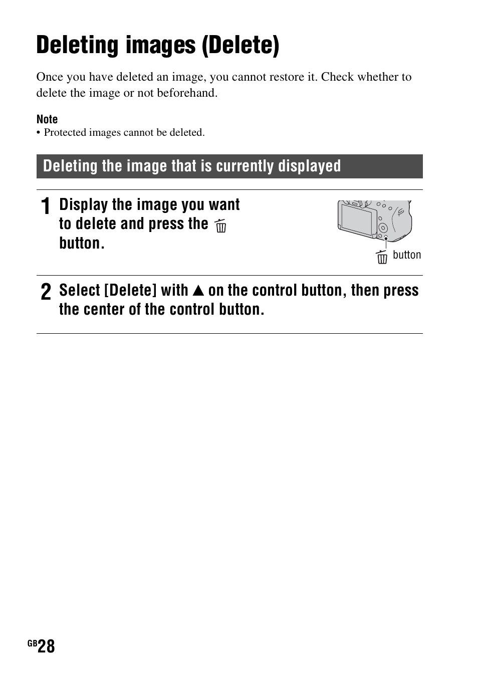 Deleting images (delete) | Sony SLT-A37 User Manual | Page 28 / 507