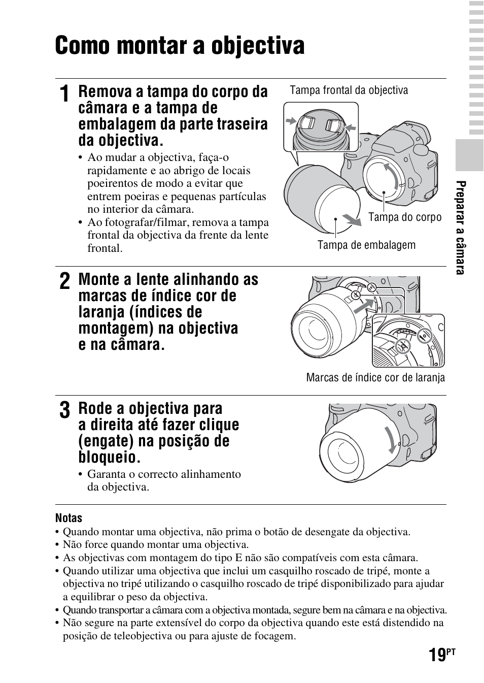 Como montar a objectiva, A (19) | Sony SLT-A37 User Manual | Page 281 / 507