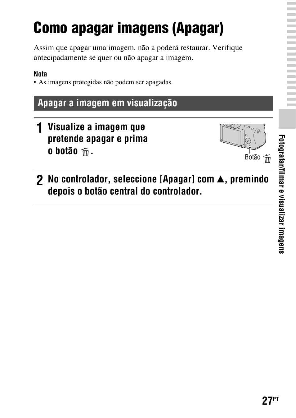 Como apagar imagens (apagar), R) (27) | Sony SLT-A37 User Manual | Page 289 / 507