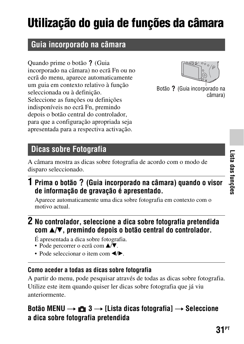 Utilização do guia de funções da câmara, Guia incorporado na câmara, Dicas sobre fotografia | Sony SLT-A37 User Manual | Page 293 / 507