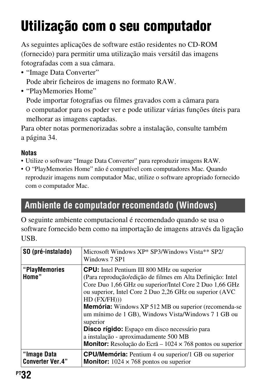 Visualização de imagens no computador, Utilização com o seu computador, Ambiente de computador recomendado (windows) | Sony SLT-A37 User Manual | Page 294 / 507