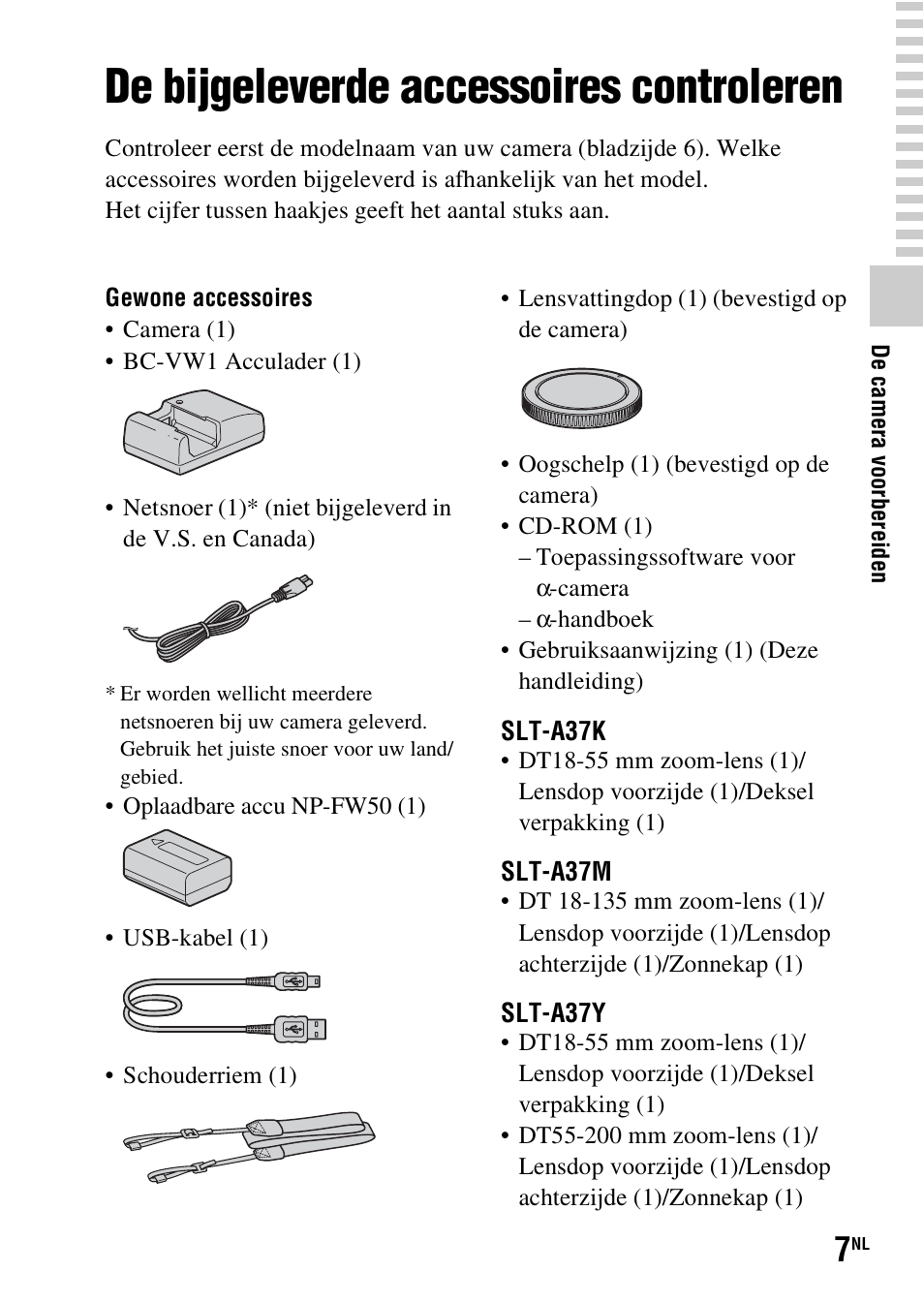 De camera voorbereiden, De bijgeleverde accessoires controleren | Sony SLT-A37 User Manual | Page 321 / 507