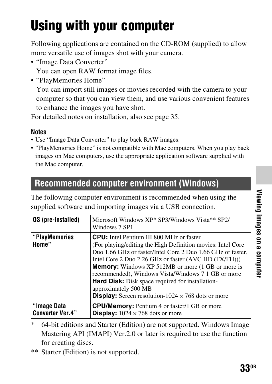 Viewing images on a computer, Using with your computer, Recommended computer environment (windows) | Sony SLT-A37 User Manual | Page 33 / 507