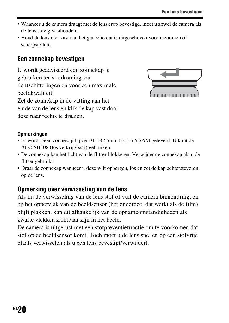 Een zonnekap bevestigen, Opmerking over verwisseling van de lens | Sony SLT-A37 User Manual | Page 334 / 507