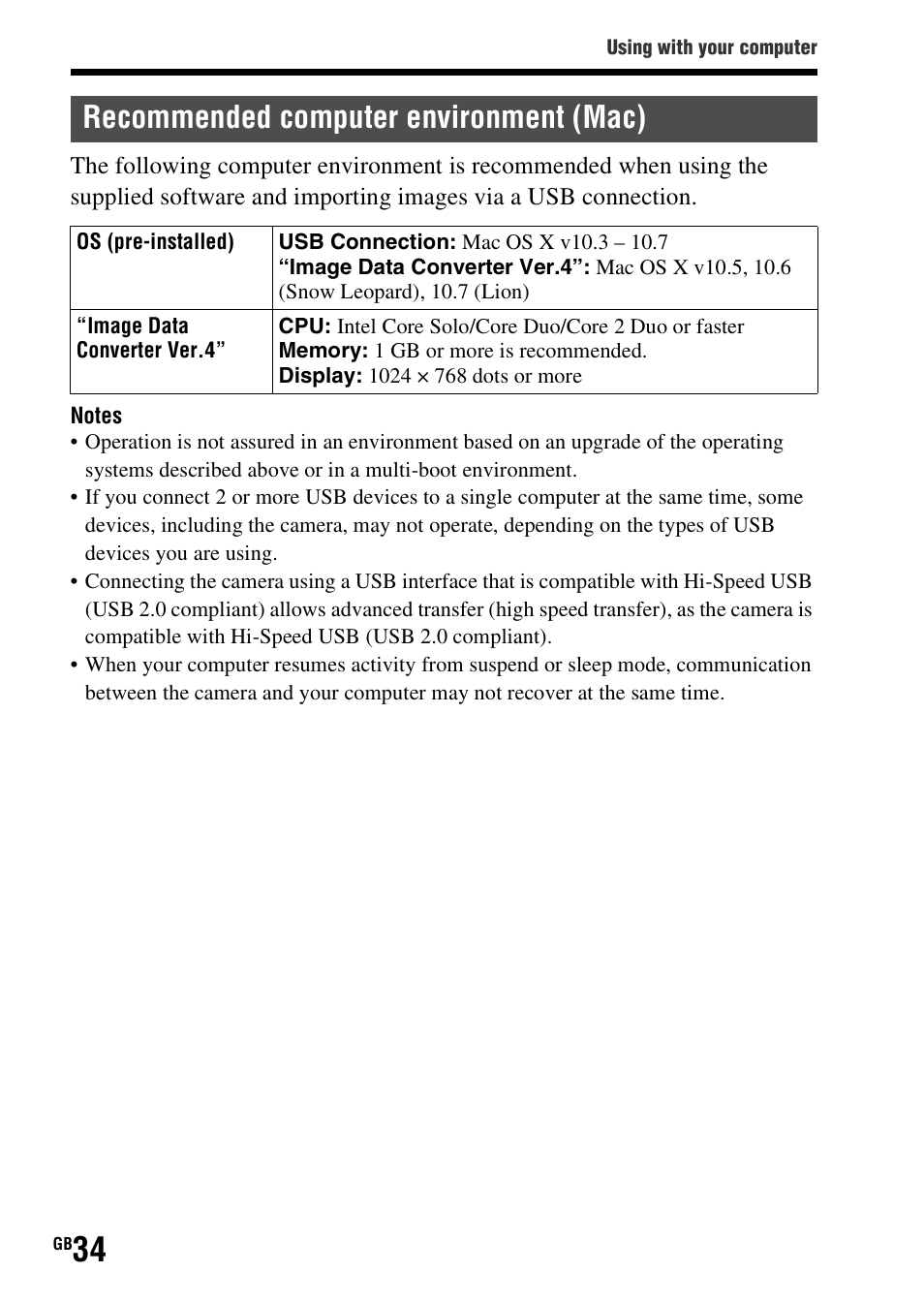 Recommended computer environment (mac) | Sony SLT-A37 User Manual | Page 34 / 507