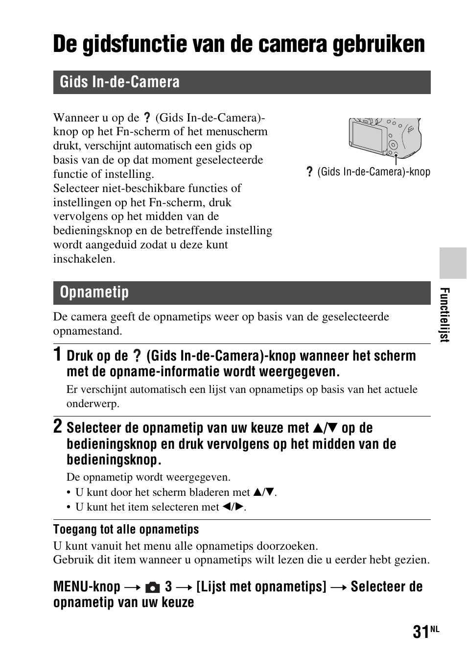 De gidsfunctie van de camera gebruiken, Gids in-de-camera, Opnametip | Sony SLT-A37 User Manual | Page 345 / 507