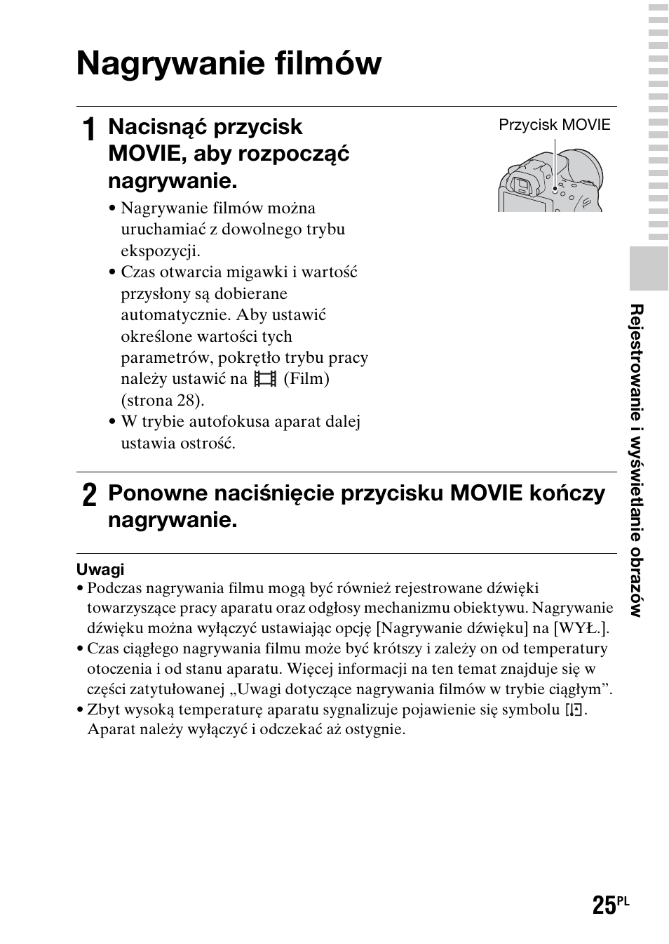 Nagrywanie filmów, Nacisnąć przycisk movie, aby rozpocząć nagrywanie | Sony SLT-A37 User Manual | Page 391 / 507