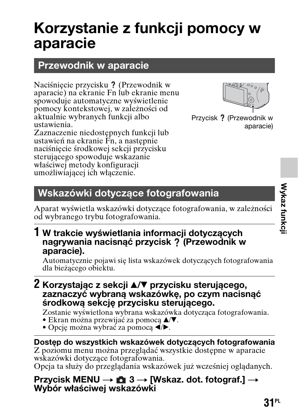 Korzystanie z funkcji pomocy w aparacie, Przewodnik w aparacie, Wskazówki dotyczące fotografowania | Sony SLT-A37 User Manual | Page 397 / 507