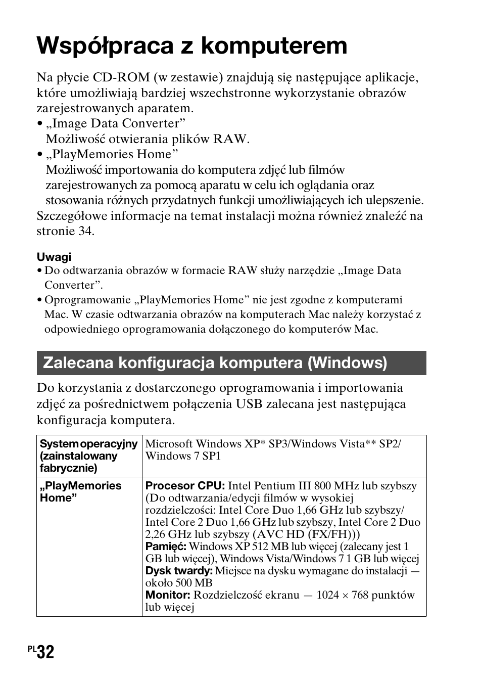 Oglądanie zdjęć na komputerze, Współpraca z komputerem, Ogl¹danie zdjêæ na komputerze | Zalecana konfiguracja komputera (windows) | Sony SLT-A37 User Manual | Page 398 / 507