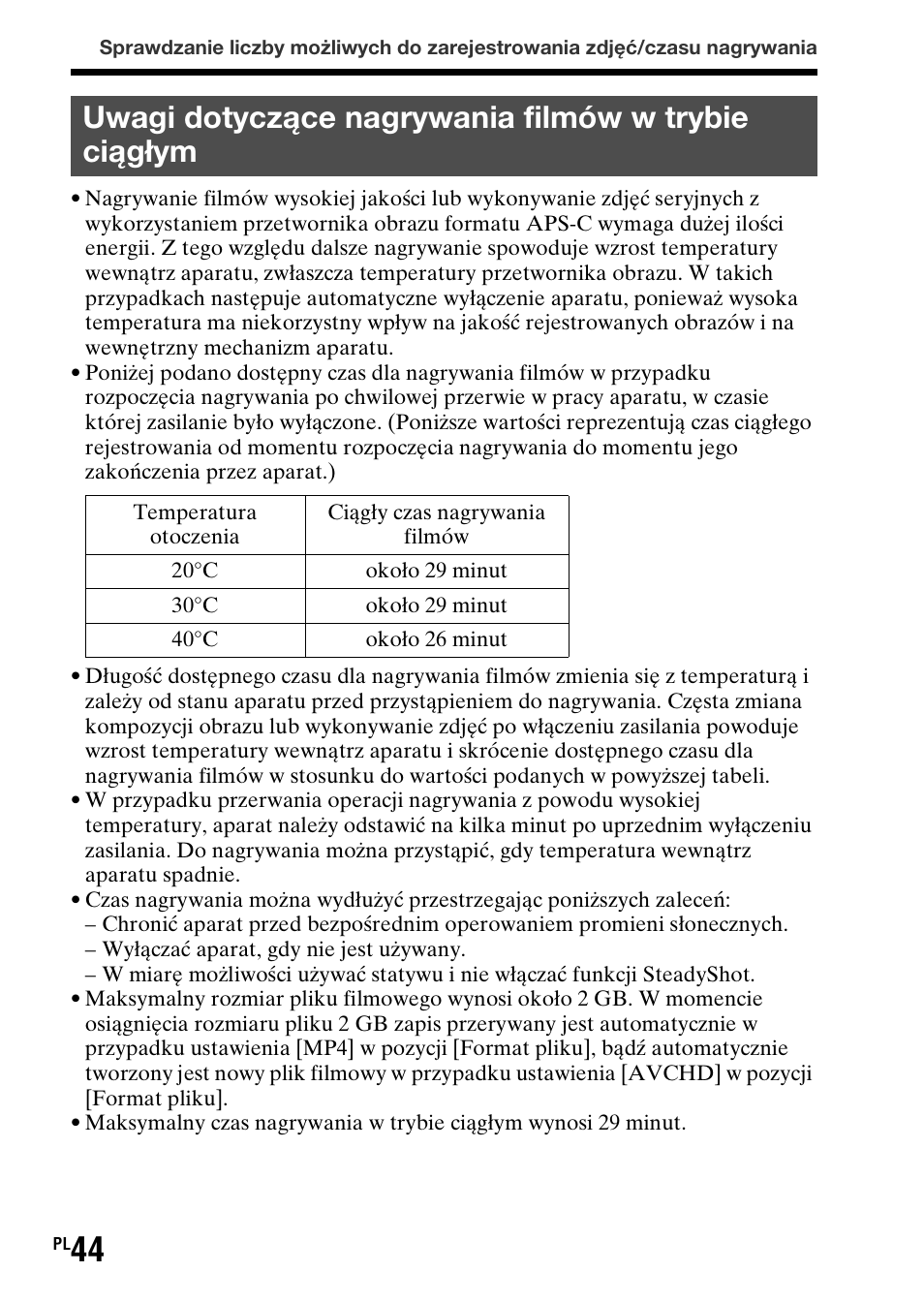 Uwagi dotyczące nagrywania filmów w trybie ciągłym | Sony SLT-A37 User Manual | Page 410 / 507