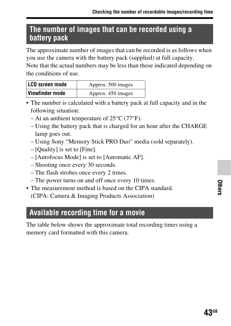 Available recording time for a movie | Sony SLT-A37 User Manual | Page 43 / 507