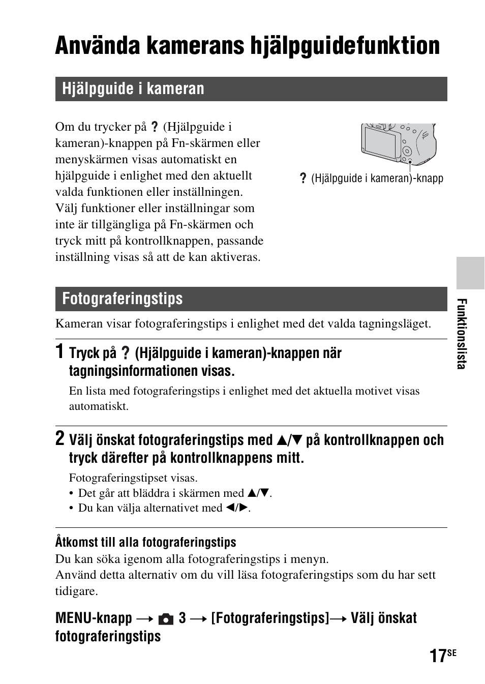 Funktionslista, Använda kamerans hjälpguidefunktion, Hjälpguide i kameran | Fotograferingstips | Sony SLT-A37 User Manual | Page 435 / 507