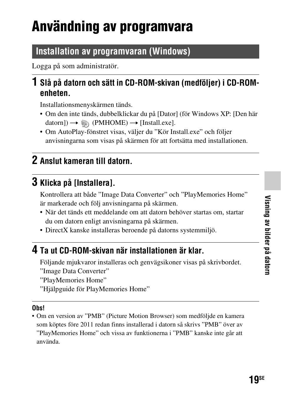 Användning av programvara, Installation av programvaran (windows) | Sony SLT-A37 User Manual | Page 437 / 507