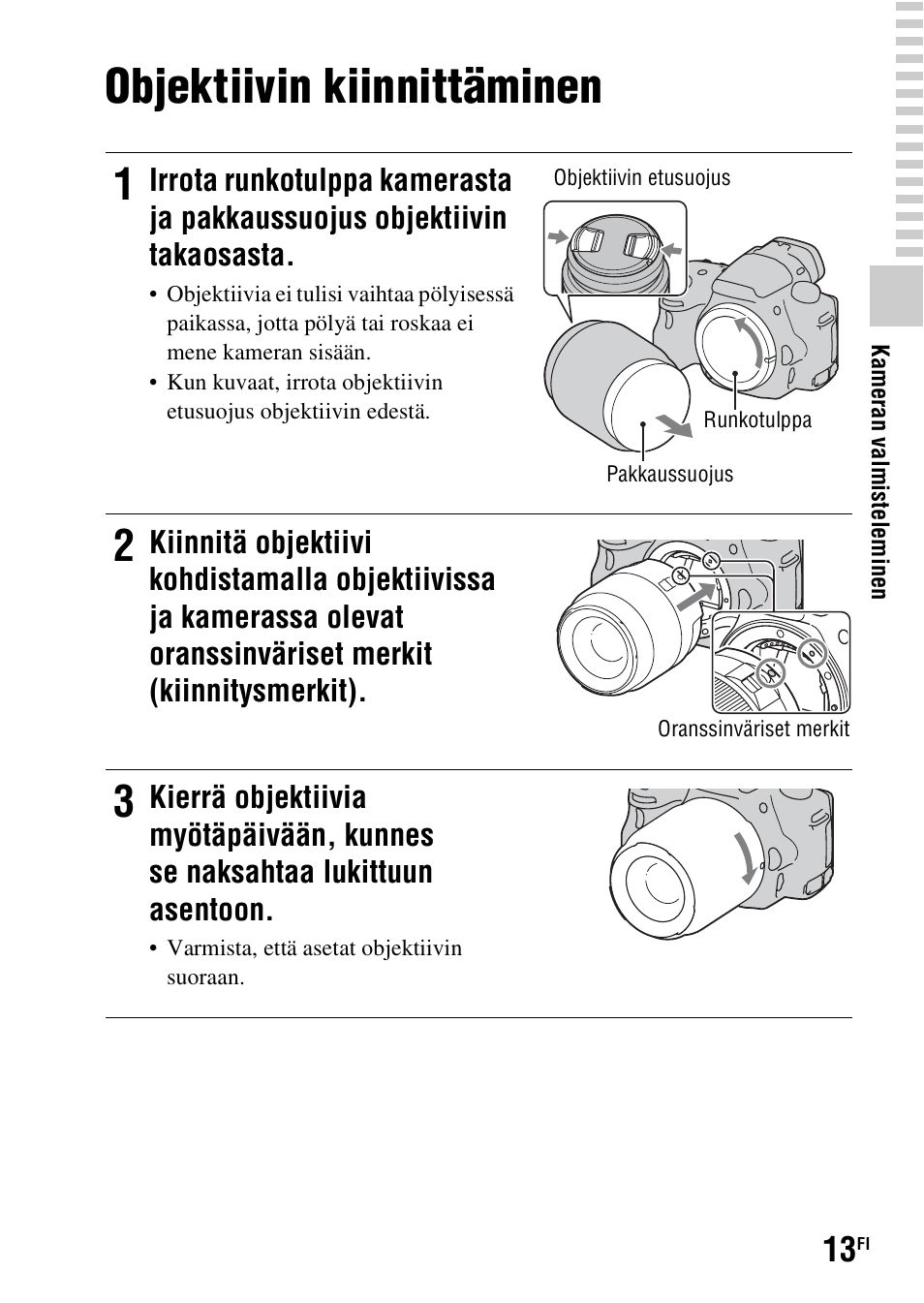 Objektiivin kiinnittäminen | Sony SLT-A37 User Manual | Page 453 / 507