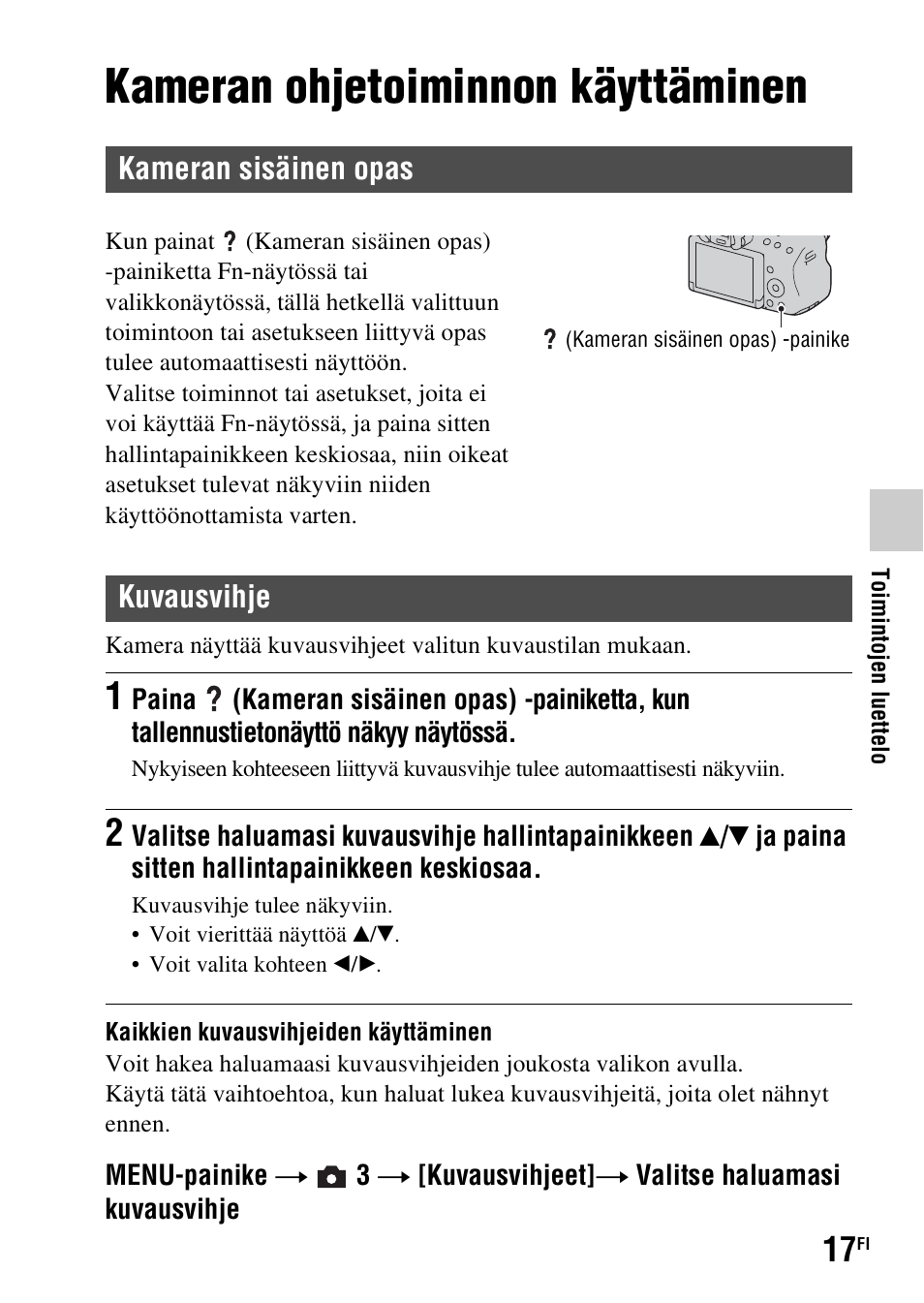 Toimintojen luettelo, Kameran ohjetoiminnon käyttäminen, Kameran sisäinen opas | Kuvausvihje | Sony SLT-A37 User Manual | Page 457 / 507