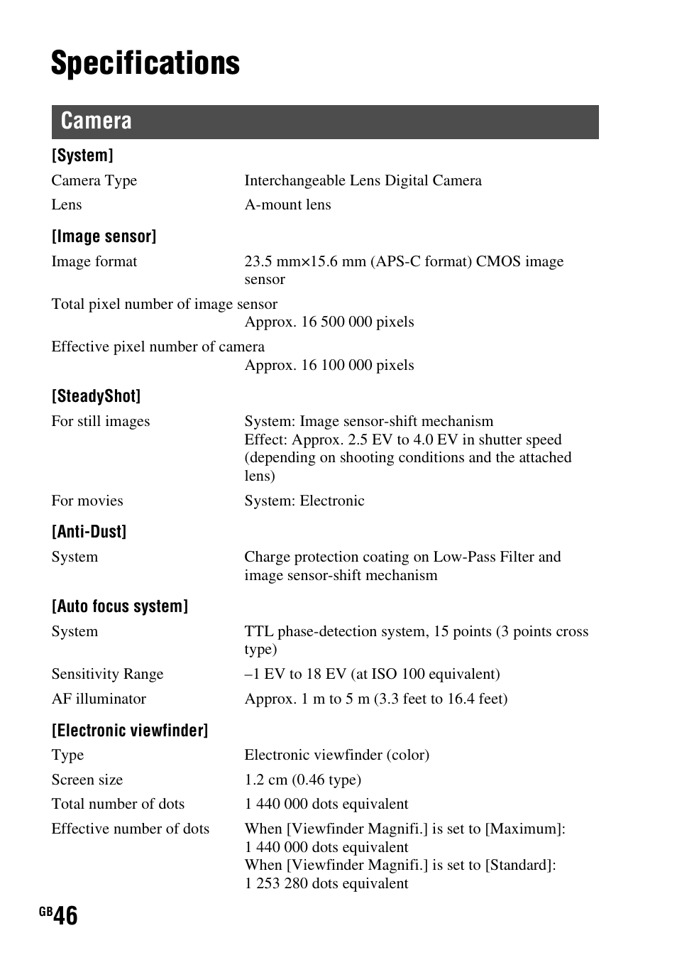 Specifications, Camera | Sony SLT-A37 User Manual | Page 46 / 507