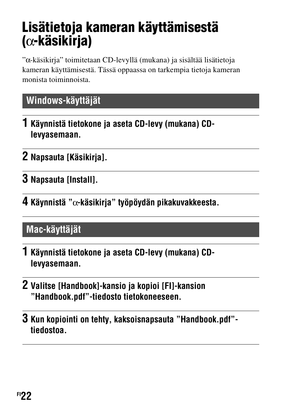 Muut, Lisätietoja kameran käyttämisestä (a-käsikirja), Lisätietoja kameran käyttämisestä ( α -käsikirja) | Sony SLT-A37 User Manual | Page 462 / 507