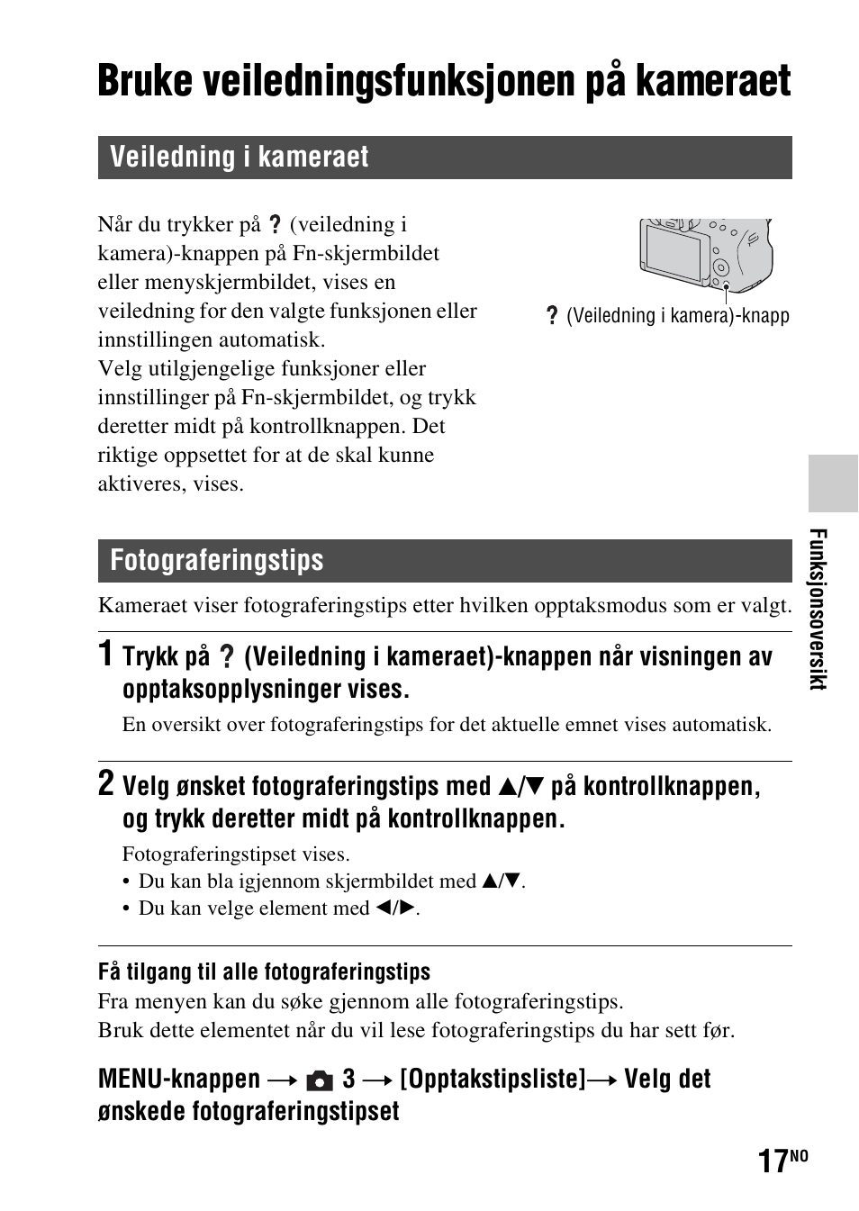 Funksjonsoversikt, Bruke veiledningsfunksjonen på kameraet, Veiledning i kameraet | Fotograferingstips | Sony SLT-A37 User Manual | Page 479 / 507