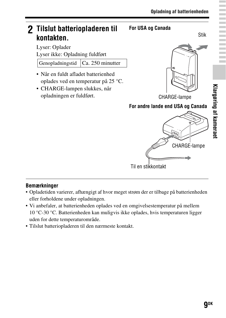 Tilslut batteriopladeren til kontakten | Sony SLT-A37 User Manual | Page 493 / 507