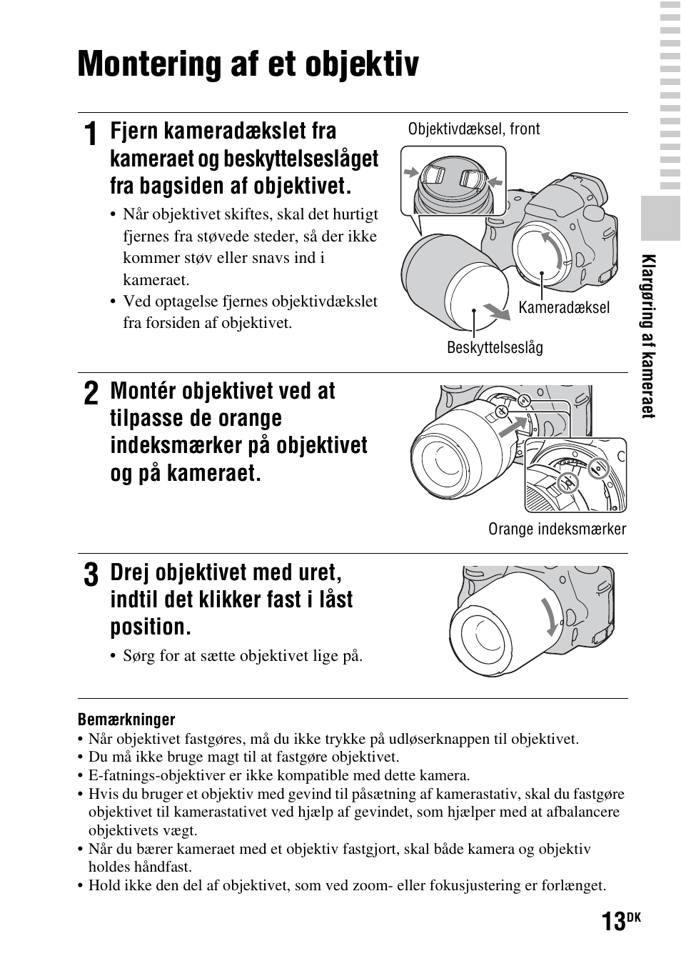 Montering af et objektiv | Sony SLT-A37 User Manual | Page 497 / 507