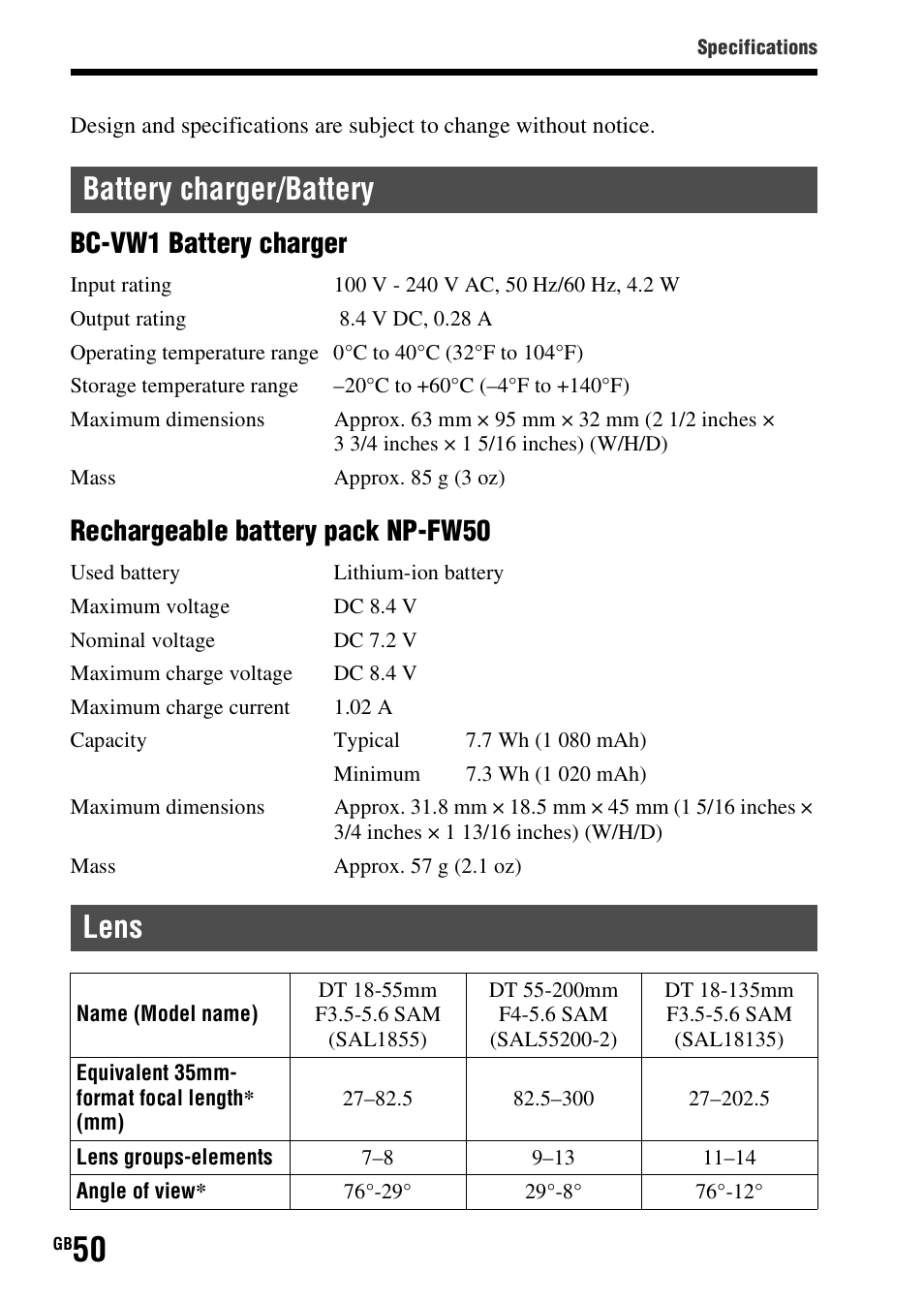 Battery charger/battery lens, Bc-vw1 battery charger, Rechargeable battery pack np-fw50 | Sony SLT-A37 User Manual | Page 50 / 507