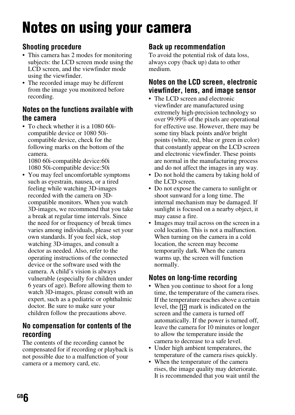 Notes on using your camera | Sony SLT-A37 User Manual | Page 6 / 507