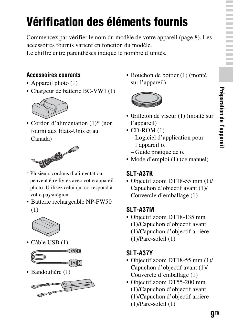 Préparation de l’appareil, Vérification des éléments fournis | Sony SLT-A37 User Manual | Page 61 / 507