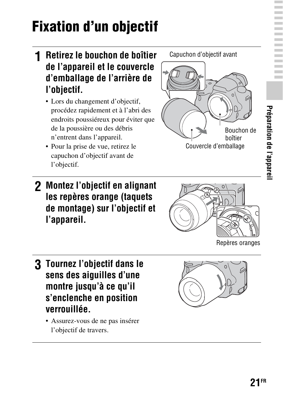 Fixation d’un objectif | Sony SLT-A37 User Manual | Page 73 / 507