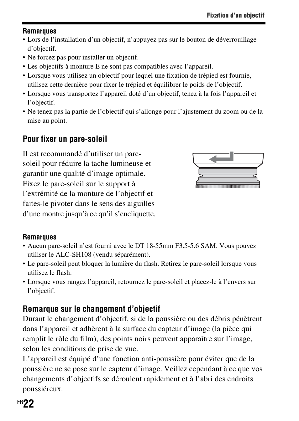 Pour fixer un pare-soleil, Remarque sur le changement d’objectif | Sony SLT-A37 User Manual | Page 74 / 507