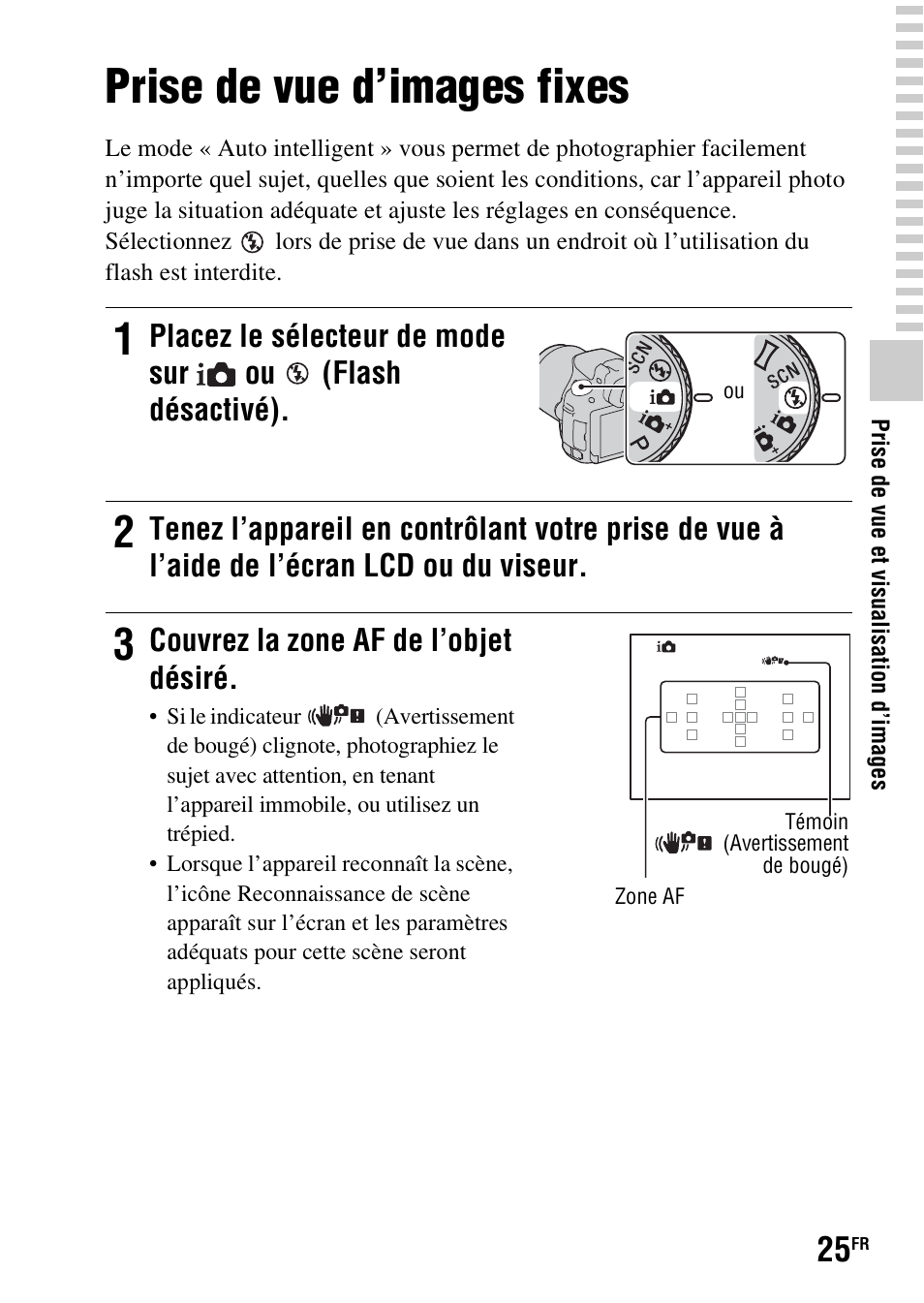 Prise de vue et visualisation d’images, Prise de vue d’images fixes | Sony SLT-A37 User Manual | Page 77 / 507