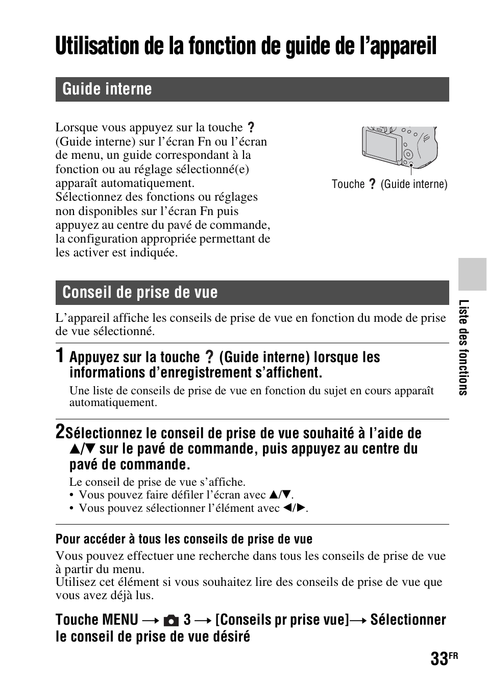 Utilisation de la fonction de guide de l’appareil, Guide interne, Conseil de prise de vue | Sony SLT-A37 User Manual | Page 85 / 507