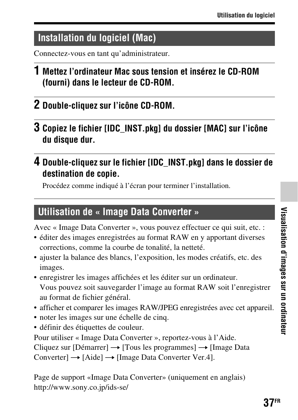 Installation du logiciel (mac), Utilisation de « image data converter | Sony SLT-A37 User Manual | Page 89 / 507