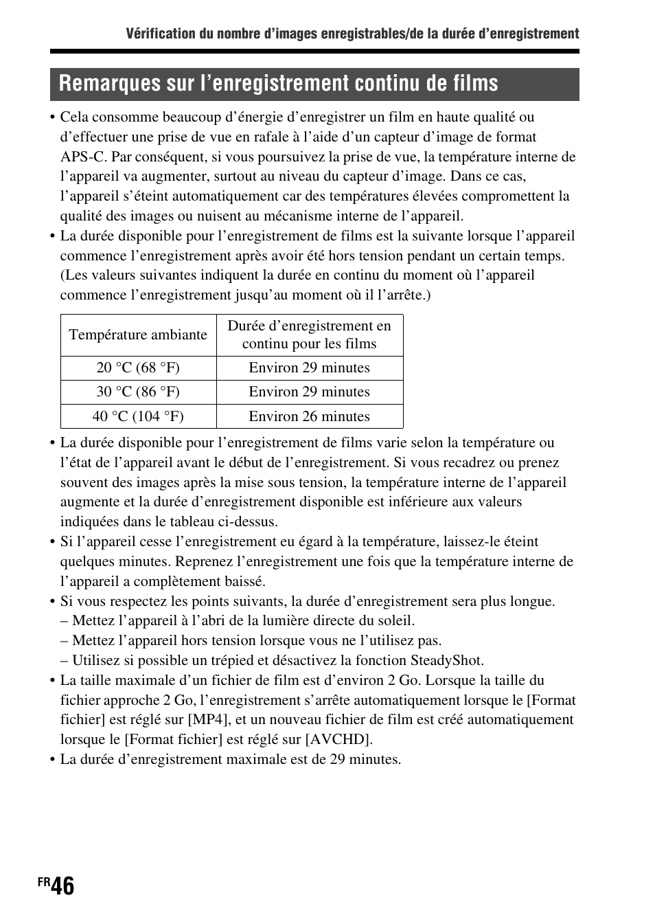 Remarques sur l’enregistrement continu de films | Sony SLT-A37 User Manual | Page 98 / 507