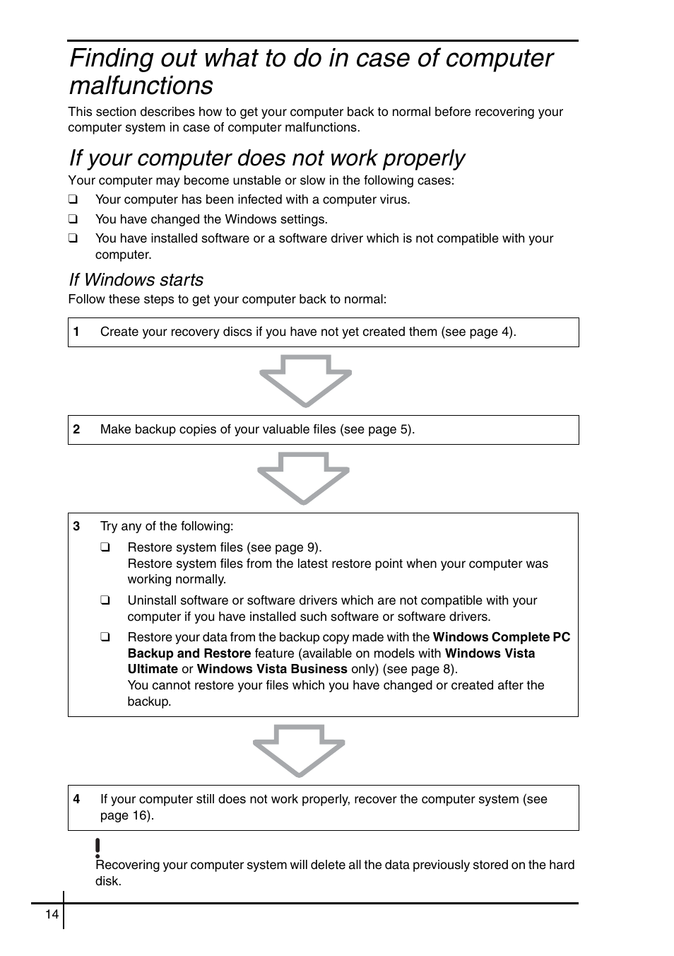 If your computer does not work properly, If windows starts | Sony VGN-SZ5VWN User Manual | Page 16 / 88