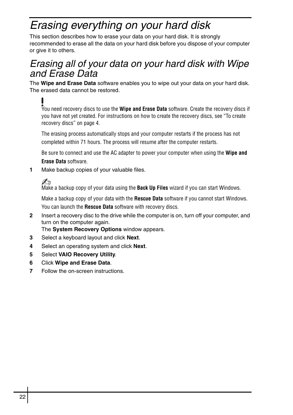 Erasing everything on your hard disk | Sony VGN-SZ5VWN User Manual | Page 24 / 88