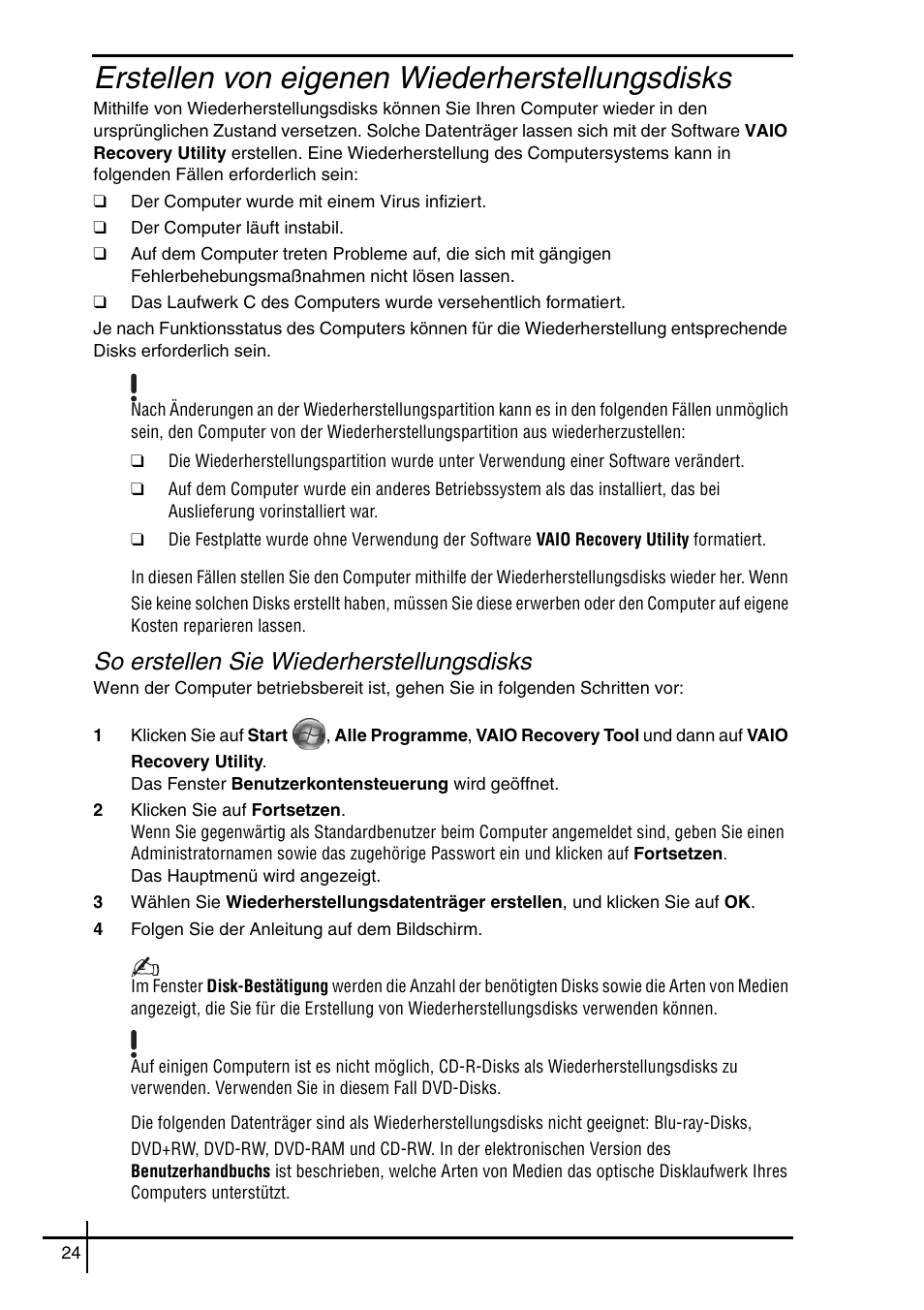 Erstellen von eigenen wiederherstellungsdisks, So erstellen sie wiederherstellungsdisks | Sony VGN-SZ5VWN User Manual | Page 26 / 88