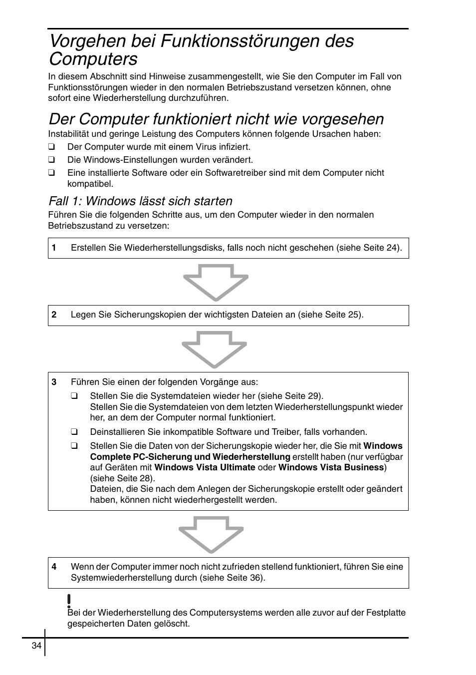 Vorgehen bei funktionsstörungen des computers, Der computer funktioniert nicht wie vorgesehen, Fall 1: windows lässt sich starten | Sony VGN-SZ5VWN User Manual | Page 36 / 88