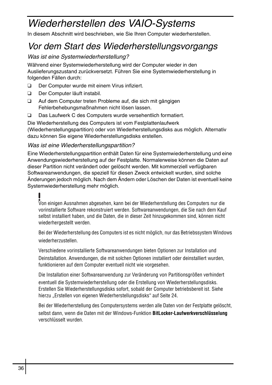 Wiederherstellen des vaio-systems, Vor dem start des wiederherstellungsvorgangs, He seite 36) | Ch (siehe seite 36) | Sony VGN-SZ5VWN User Manual | Page 38 / 88