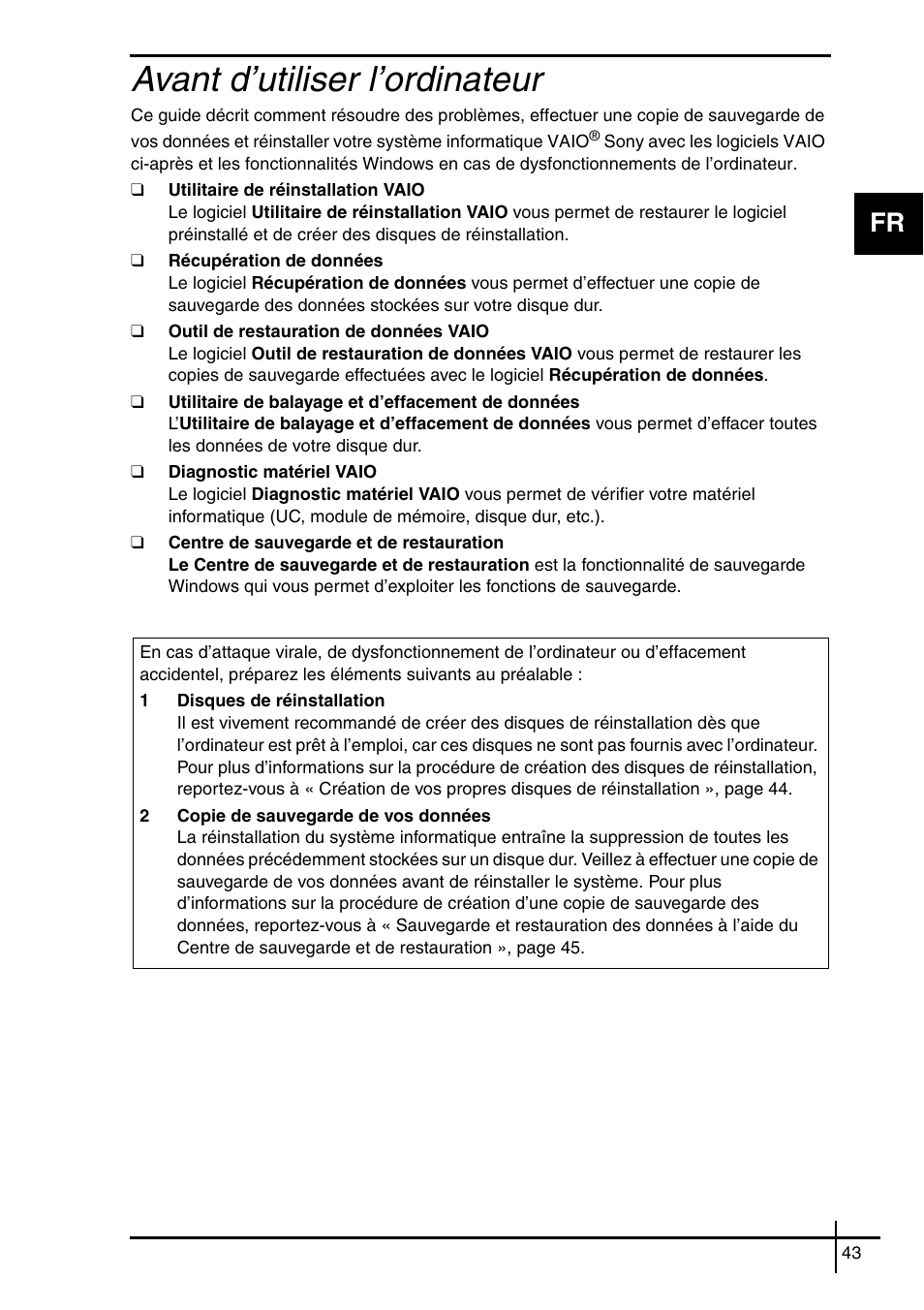 Avant d’utiliser l’ordinateur | Sony VGN-SZ5VWN User Manual | Page 45 / 88