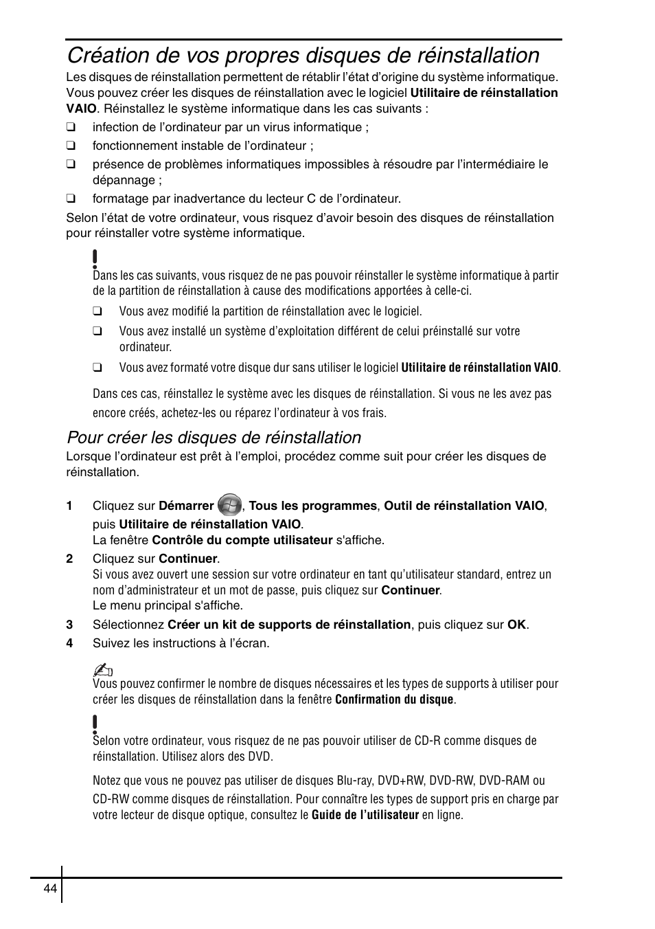 Création de vos propres disques de réinstallation, Pour créer les disques de réinstallation | Sony VGN-SZ5VWN User Manual | Page 46 / 88