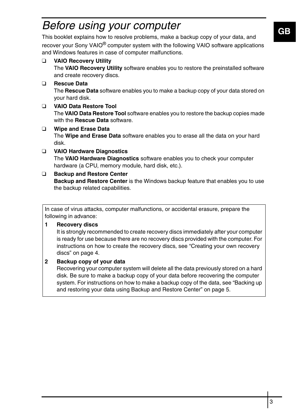 Before using your computer | Sony VGN-SZ5VWN User Manual | Page 5 / 88